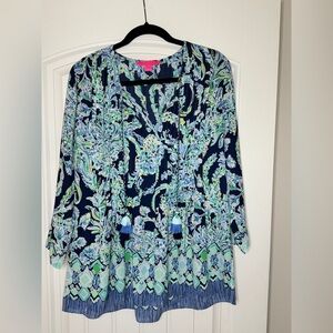 Lilly Pulitzer Blue and Green Floral Blouse L